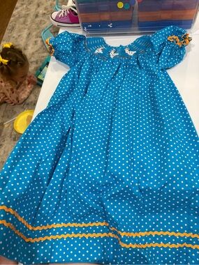 Girls' Blue Polka Dot Casual Dress with Orange Trim